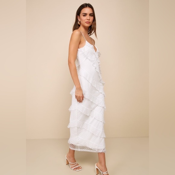 LULU’S More Than Gorgeous White Mesh Ruffled Swiss Dot Midi Dress - Picture 2 of 6